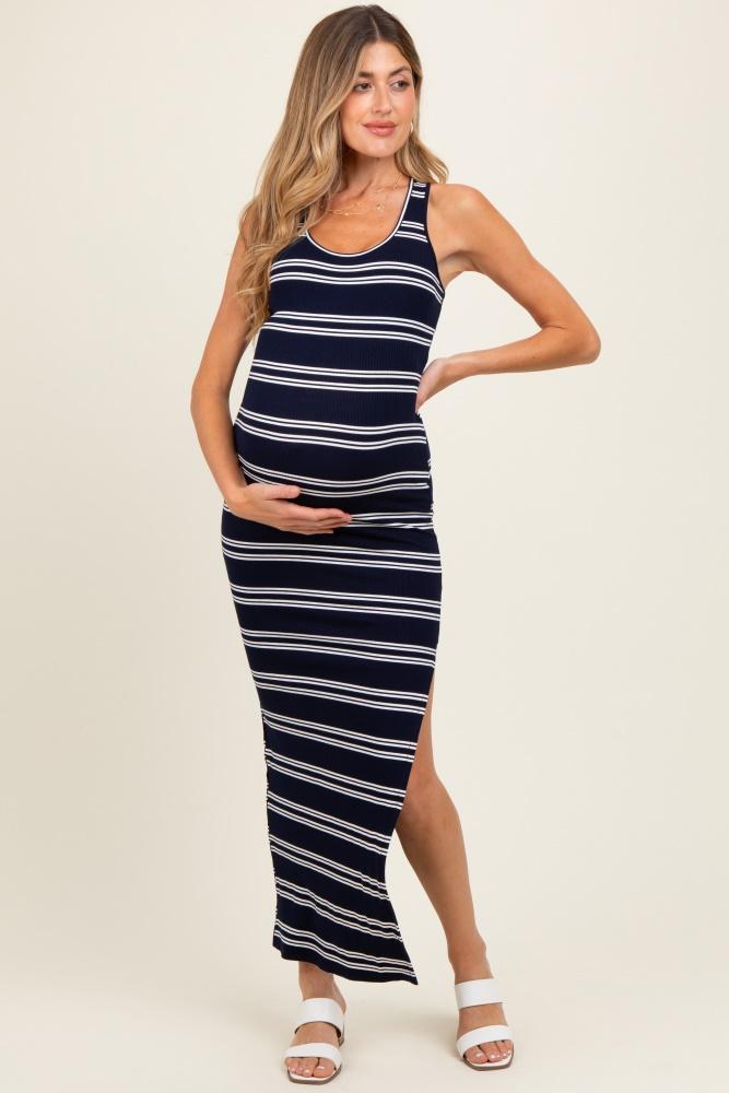 navy black striped side slit maternity maxi dress