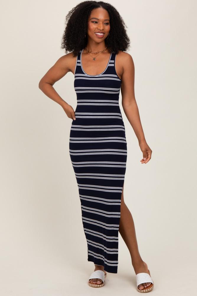 navy black striped side slit maxi dress