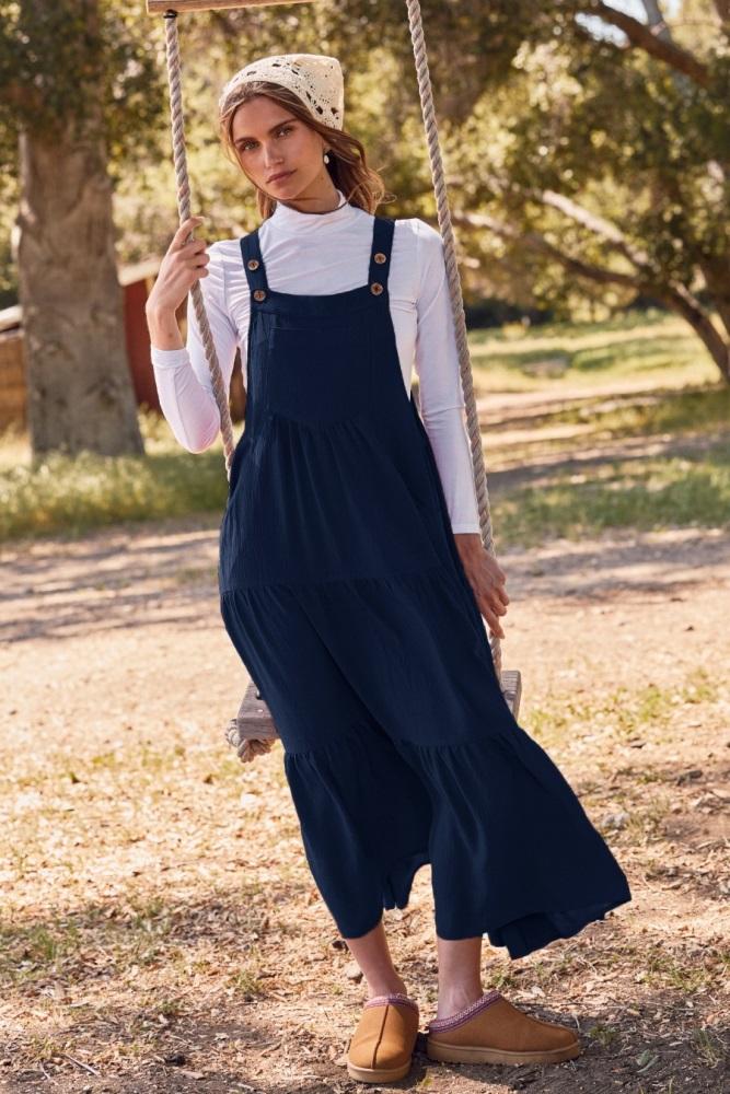 navy blue button sling tiered maternity midi dress