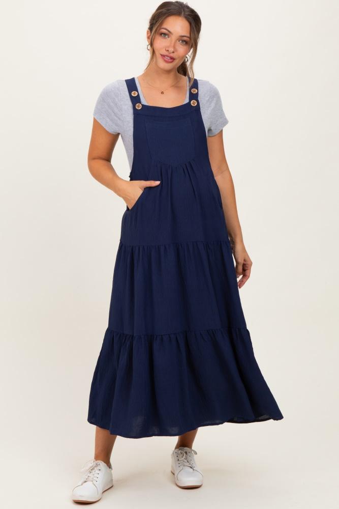 navy blue button sling tiered maternity midi dress