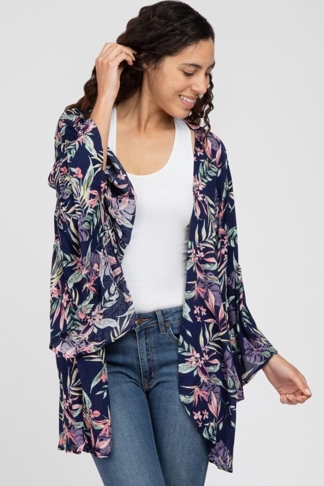 navy blue floral bell sleeve cover up