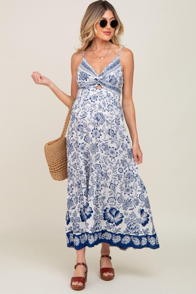 navy blue floral front twist maternity maxi dress