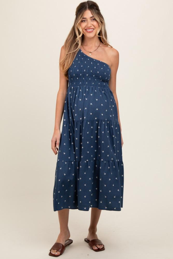 navy blue floral linen smocked one shoulder tiered maternity midi dress