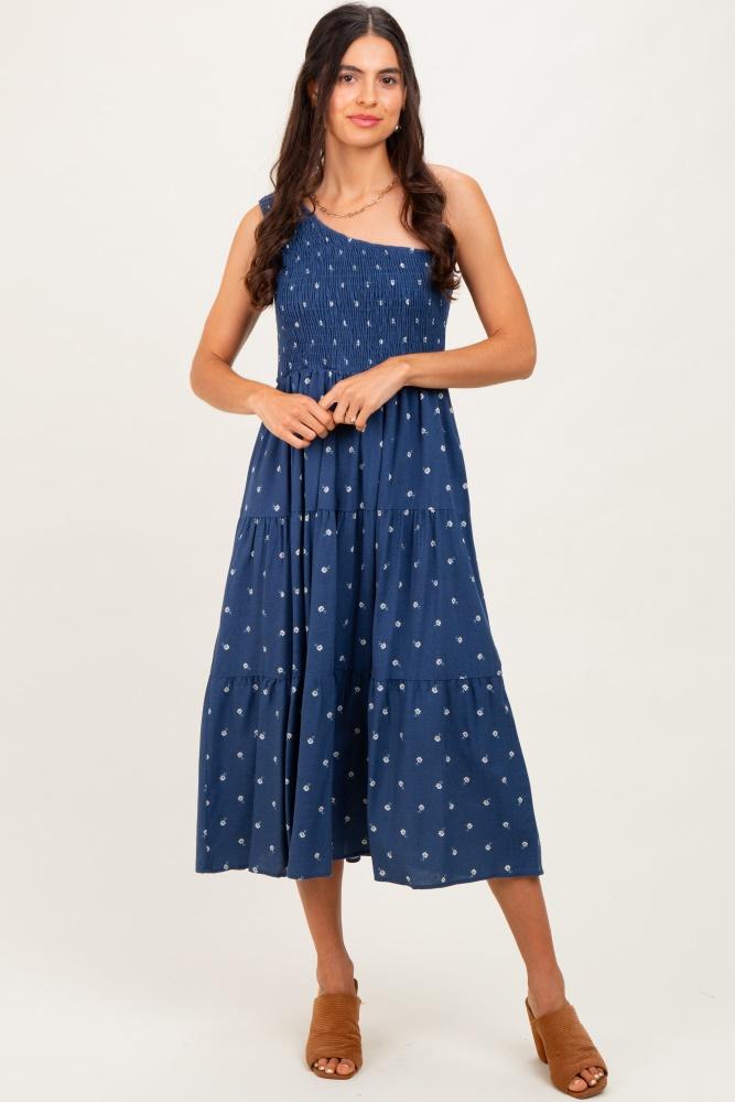 navy blue floral linen smocked one shoulder tiered midi dress