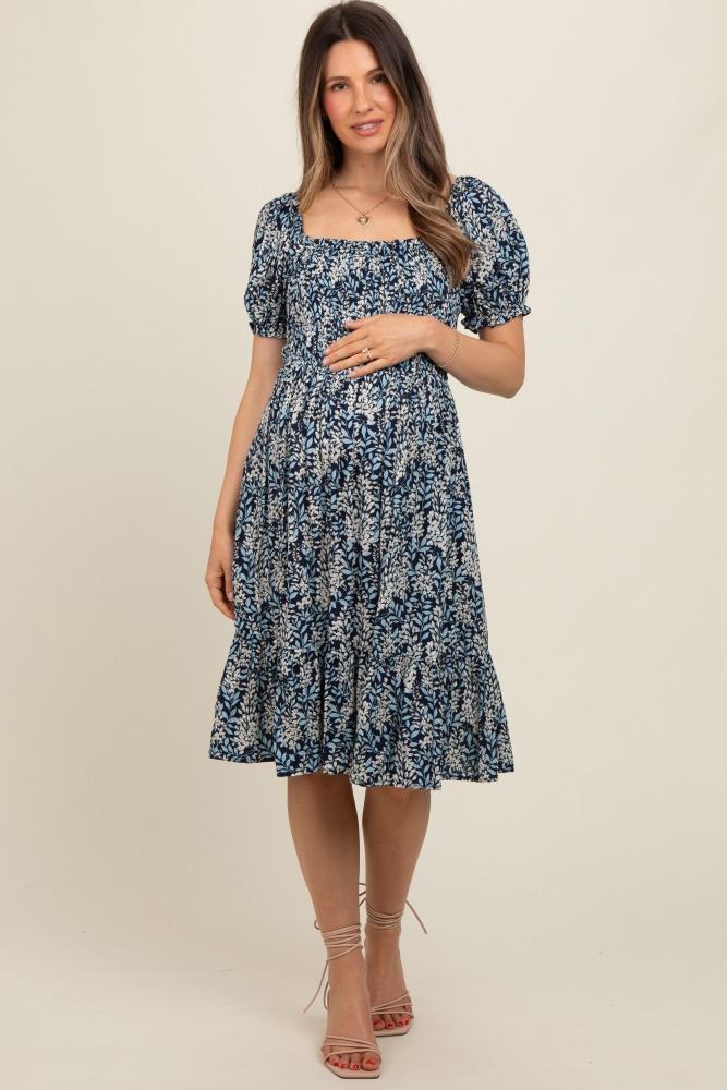 navy blue floral puff sleeve smocked chest maternity dress