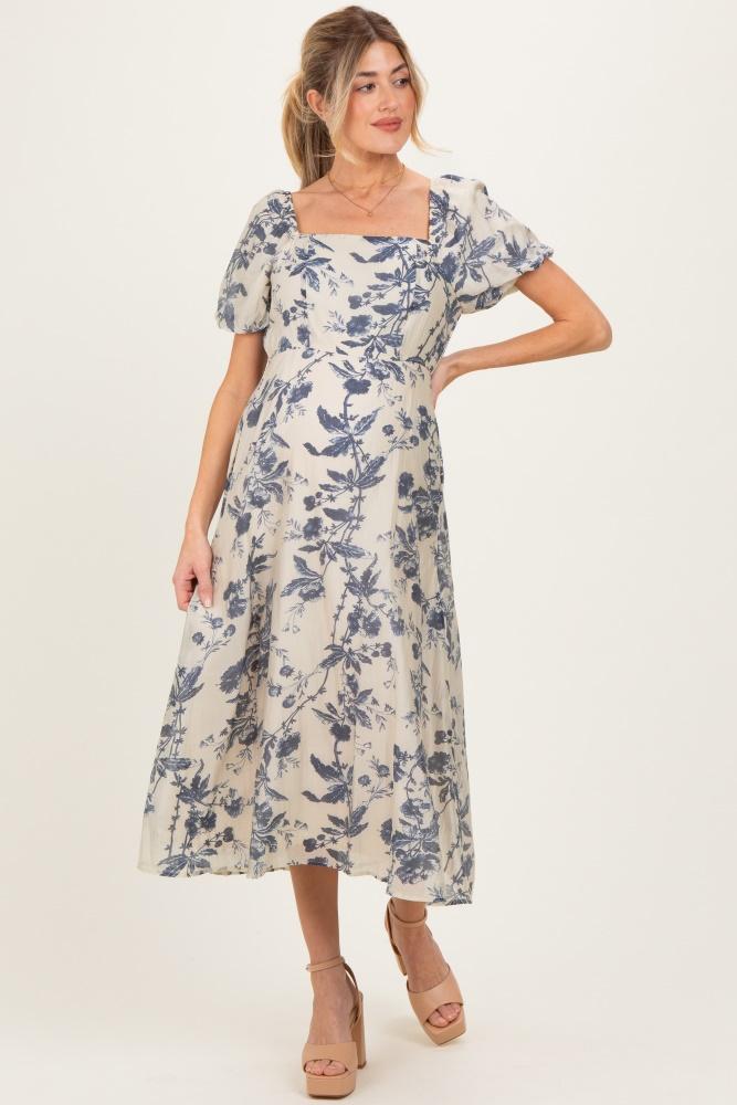 navy blue floral square neck puff sleeve maternity midi dress