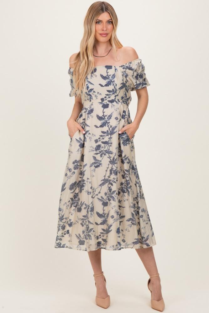 navy blue floral square neck puff sleeve midi dress