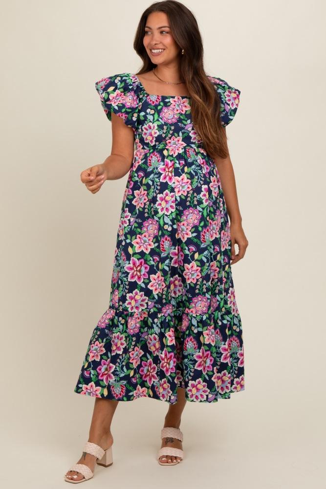 navy blue floral square neck puffy sleeves maternity dress