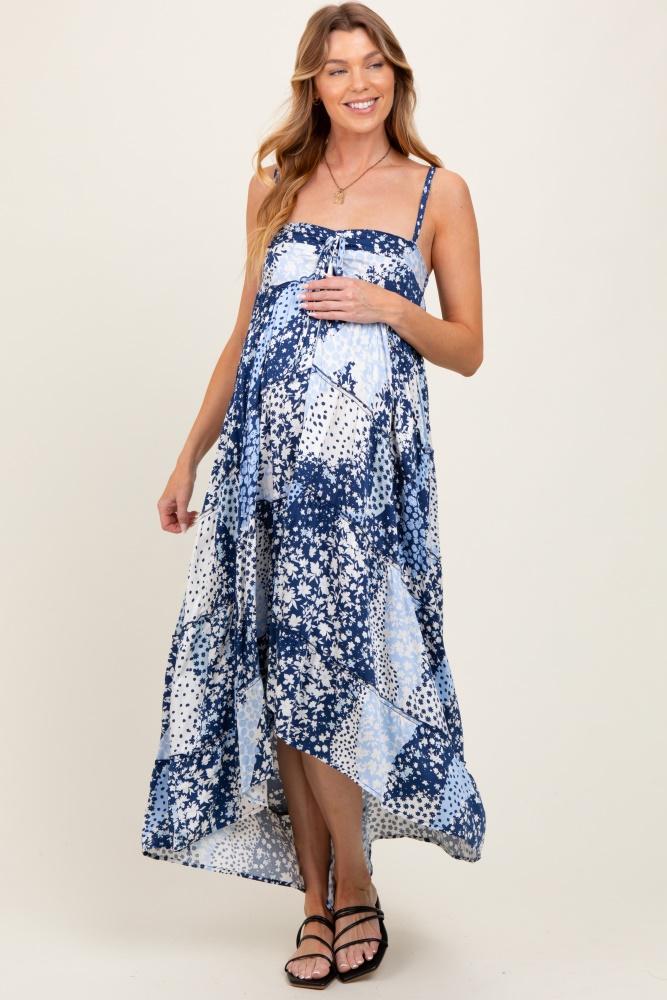 navy blue floral tiered spaghetti strap maternity maxi dress