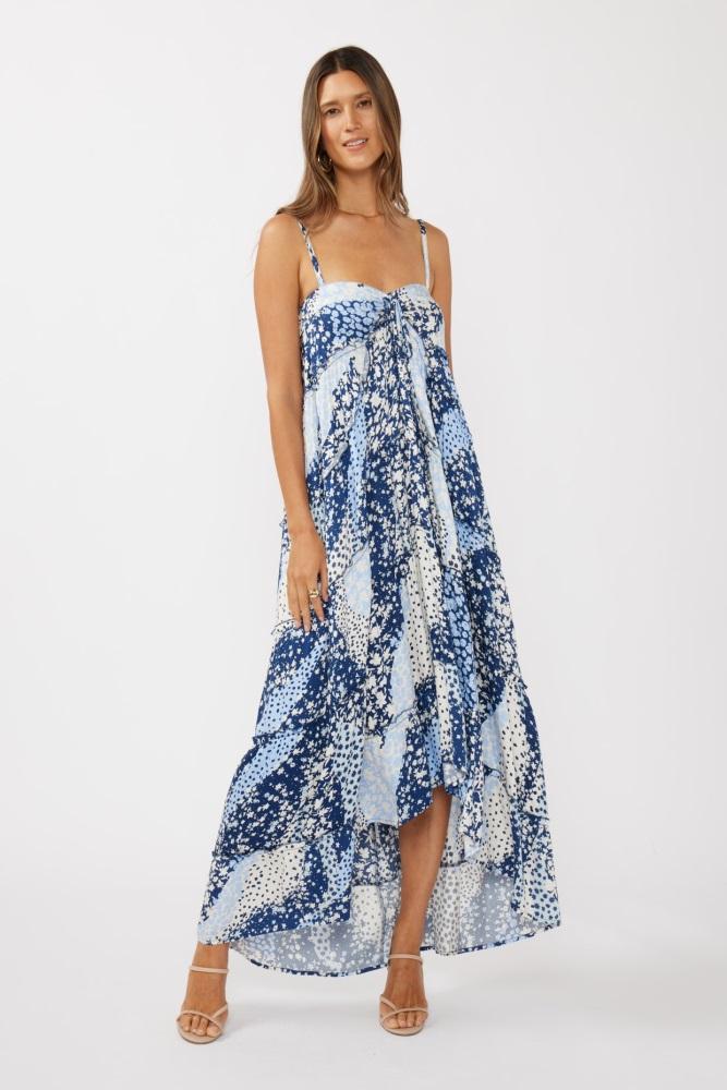 navy blue floral tiered spaghetti strap maxi dress