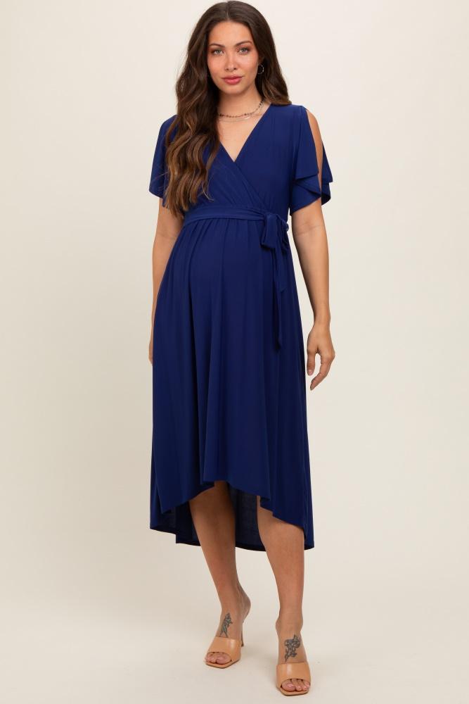 navy blue flutter sleeve waist tie maternity nursing dress