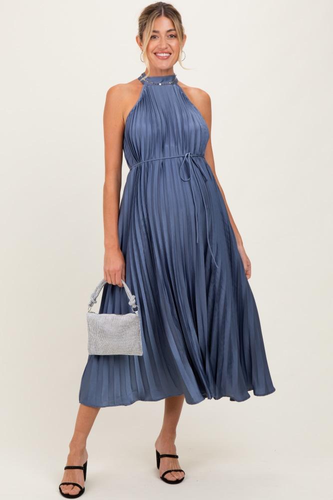 navy blue pleated maternity halter dress