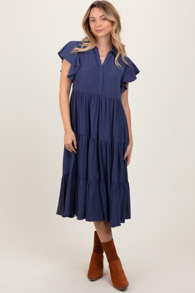 navy blue ruffle sleeve v-neck tiered midi dress