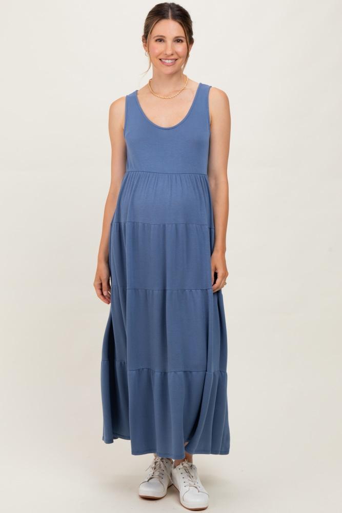 navy blue solid tiered french terry maternity maxi dress