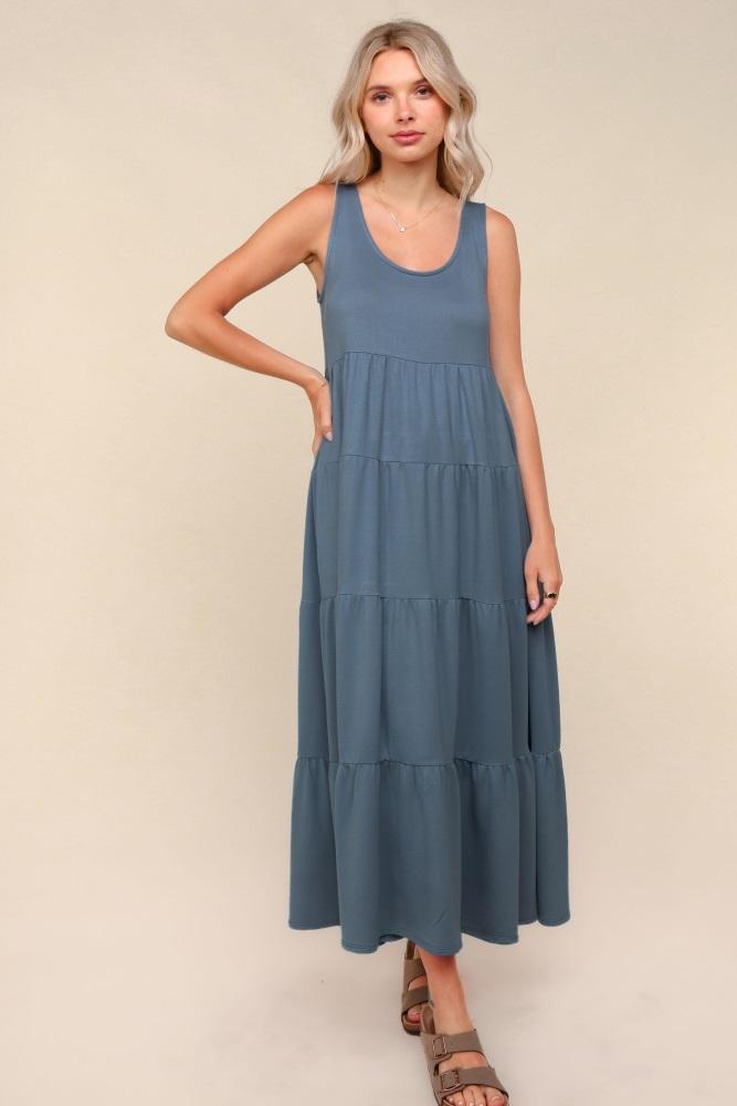 navy blue solid tiered french terry maxi dress