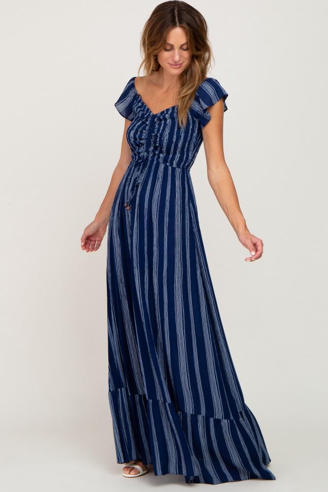 navy blue striped off shoulder front tie maxi dress