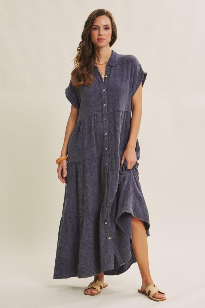 navy breezy mineral-washed gauze maxi shirt dress