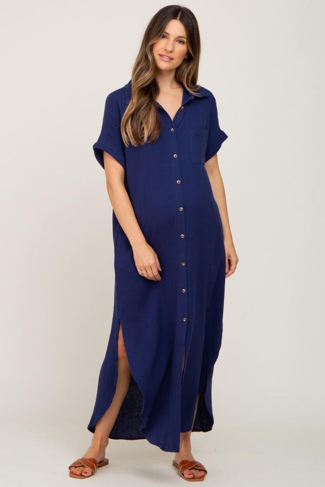 navy button down maternity midi dress