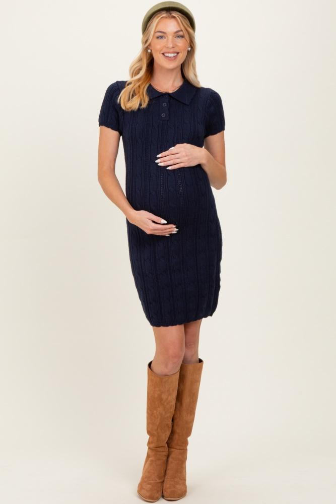 navy cable knit maternity polo sweater dress