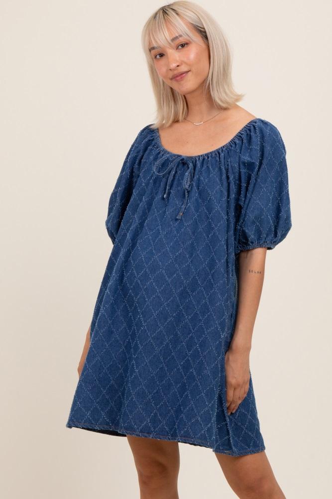 navy chambray jacquard puff sleeve maternity mini dress
