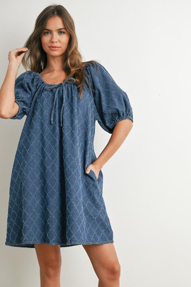 navy chambray jacquard puff sleeve mini dress