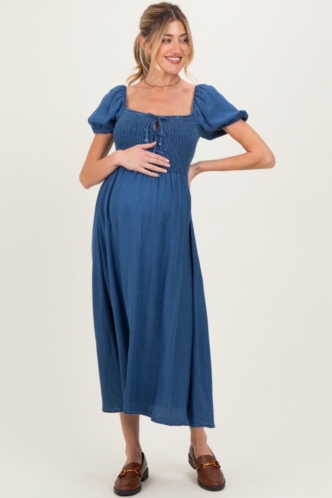 navy chambray smocked front tie maternity midi dress