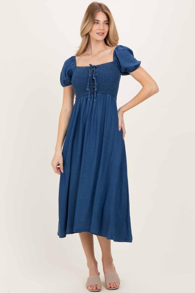 navy chambray smocked front tie midi dress