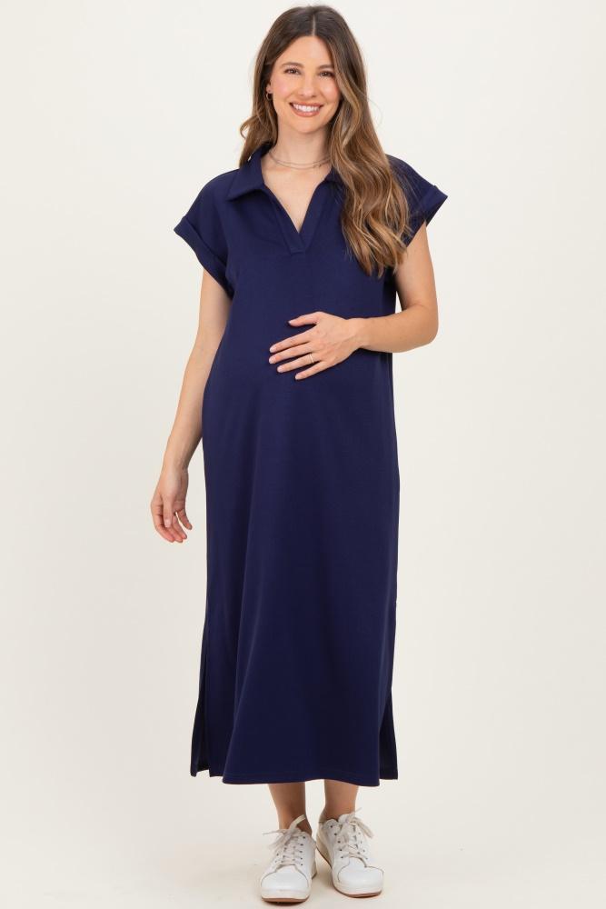 navy collared oversized maternity midi dress