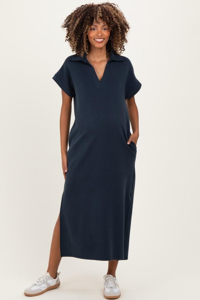 navy collared short sleeve maternity midi dress