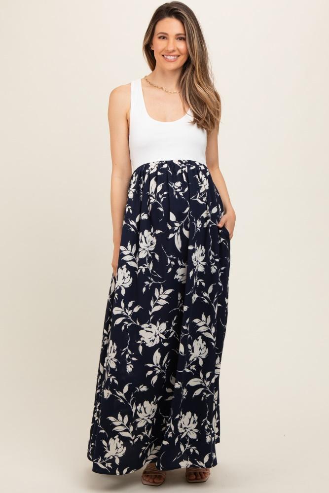 navy colorblock floral maternity maxi dress