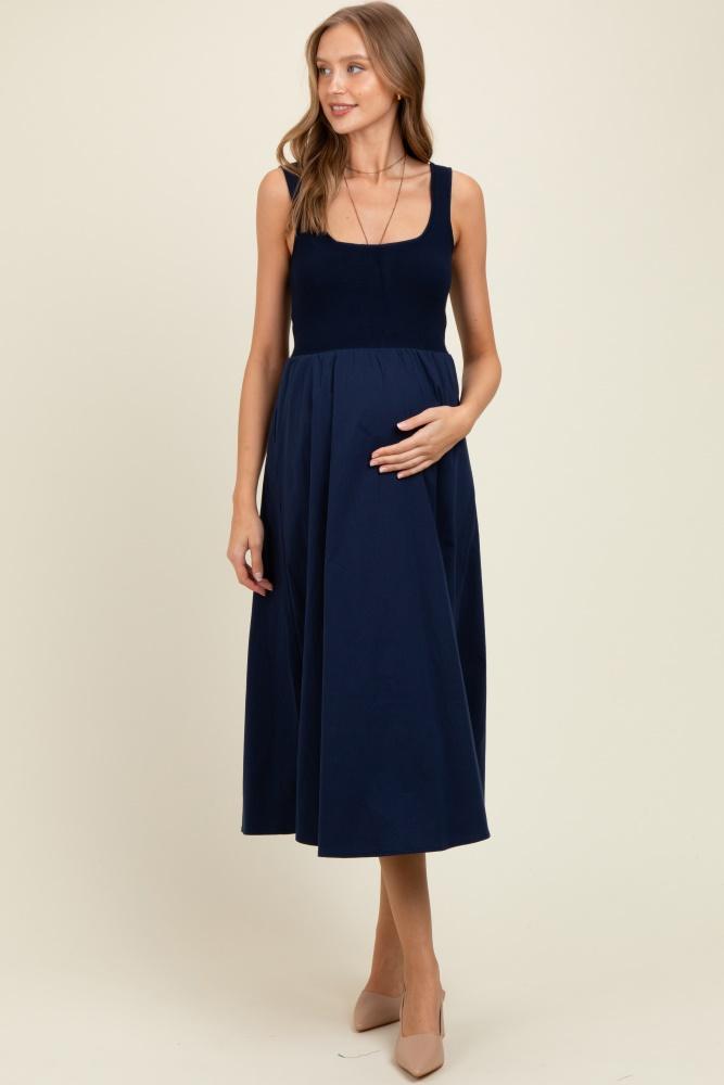 navy contrast knit poplin sleeveless maternity midi dress
