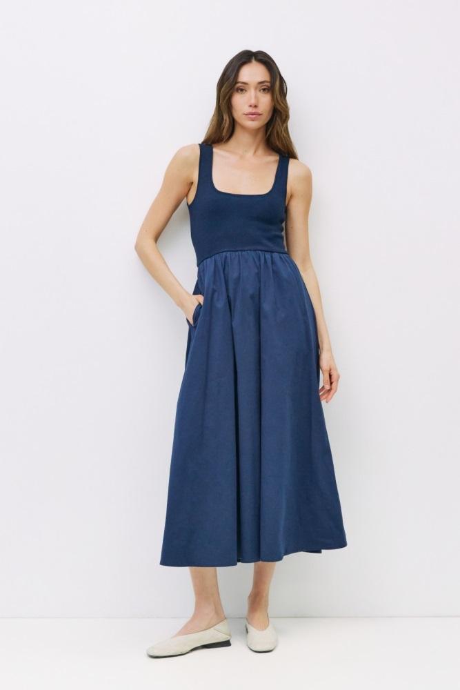 navy contrast knit poplin sleeveless midi dress