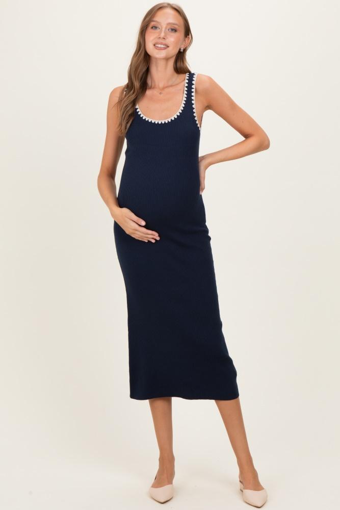 navy contrast stitch detail ribbed maternity sweater dress