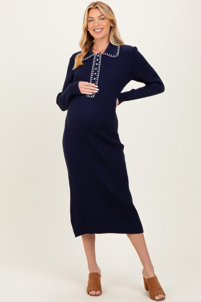 navy contrast stitch maternity midi sweater dress