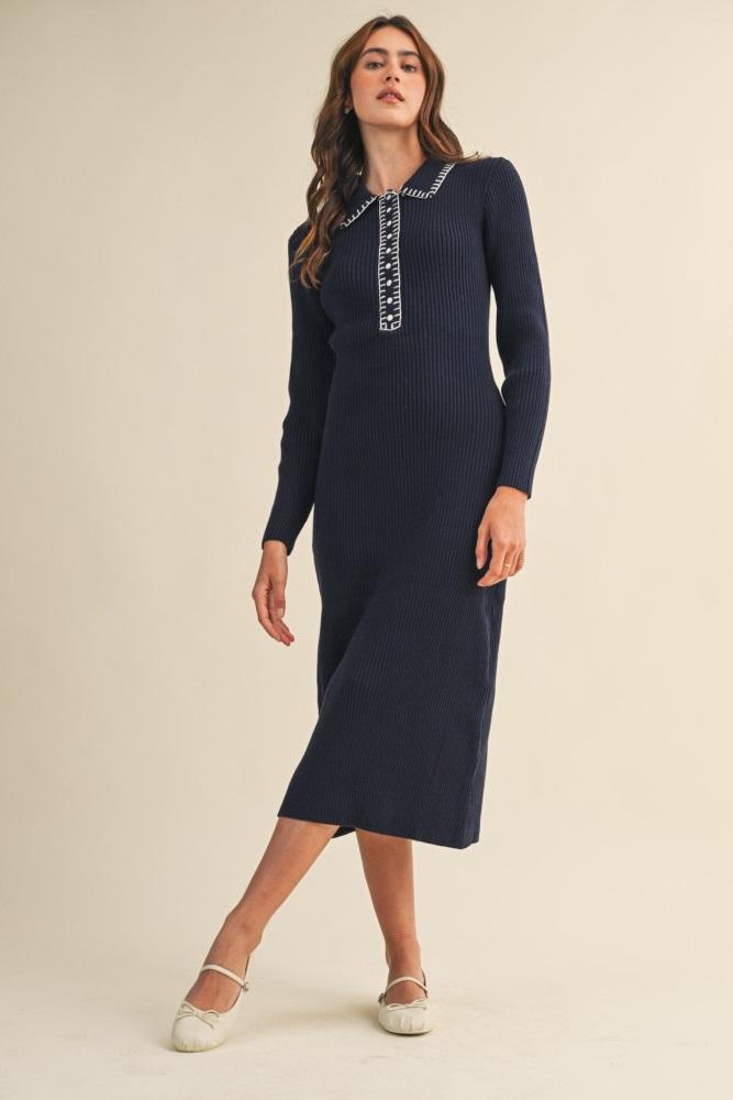 navy contrast stitch midi sweater dress