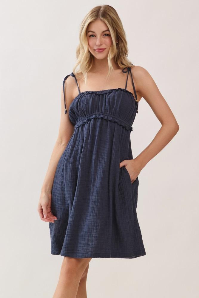 navy cotton gauze ruffle shoulder tie mini dress