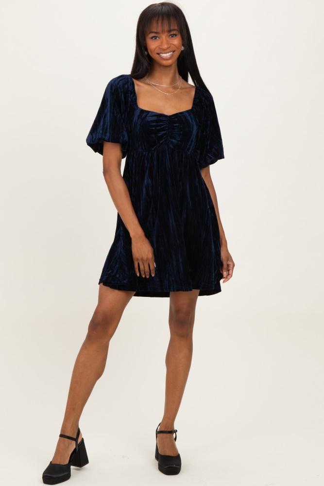 navy crushed velvet puff sleeve mini dress