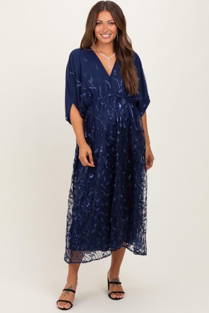 navy embroidered tulle dolman v-neck maternity midi dress