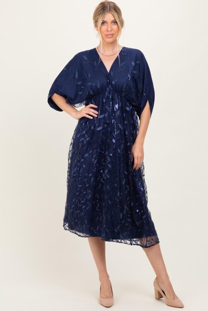 navy embroidered tulle dolman v-neck midi dress