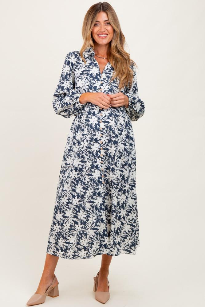 navy floral button down long sleeve maternity midi dress
