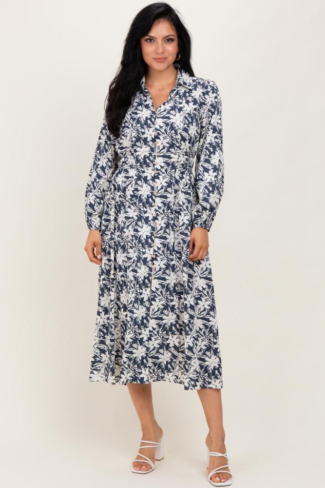 navy floral button down long sleeve midi dress