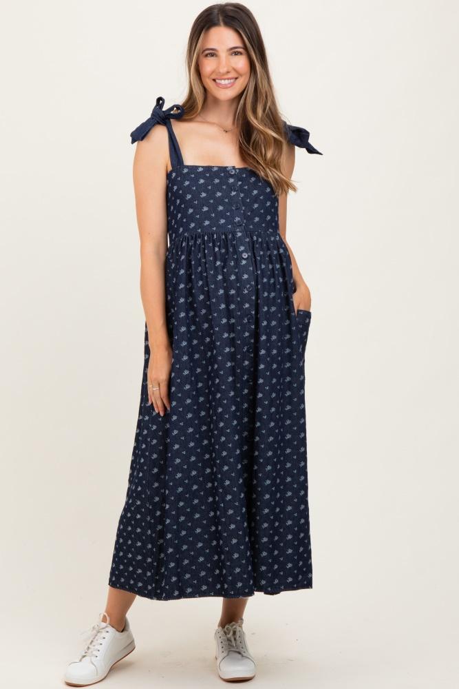 navy floral button down shoulder tie maternity midi dress