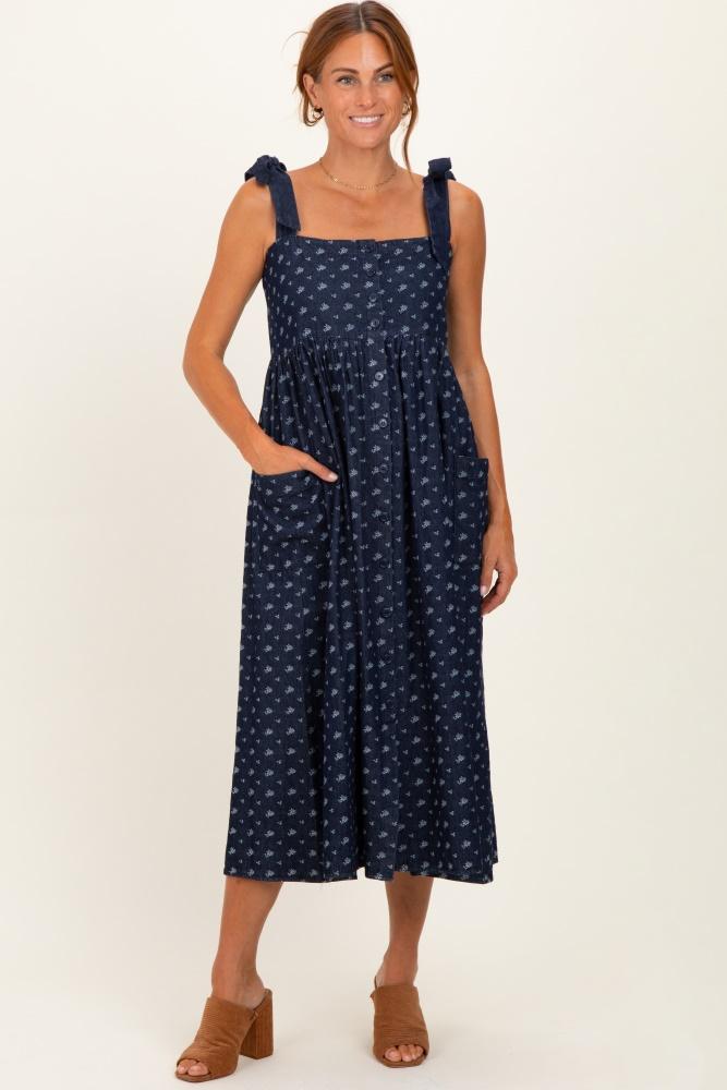 navy floral button down shoulder tie midi dress