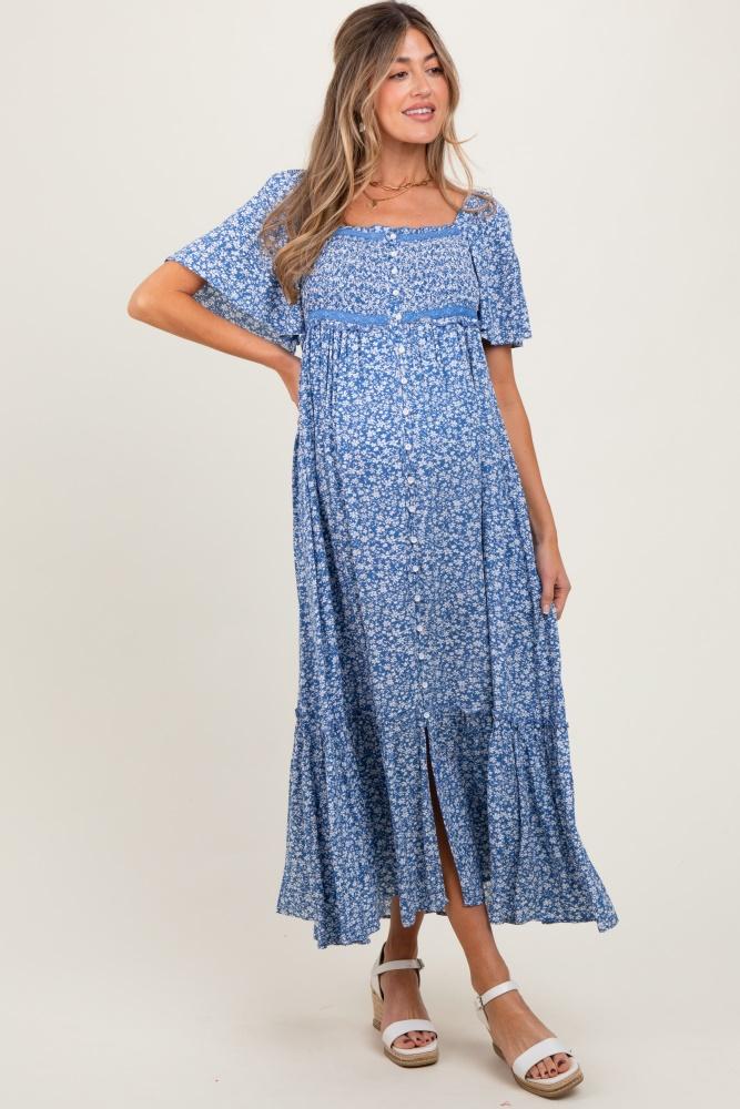 navy floral button front maternity midi dress