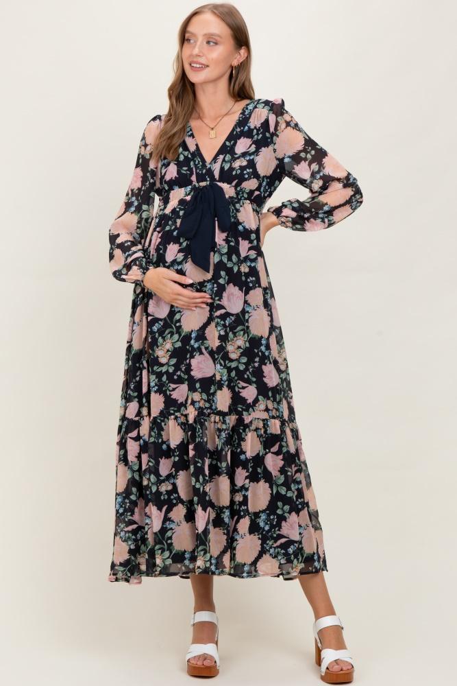 navy floral chiffon bow tie front maternity maxi dress