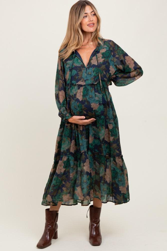 navy floral chiffon ruffle tiered maternity midi dress