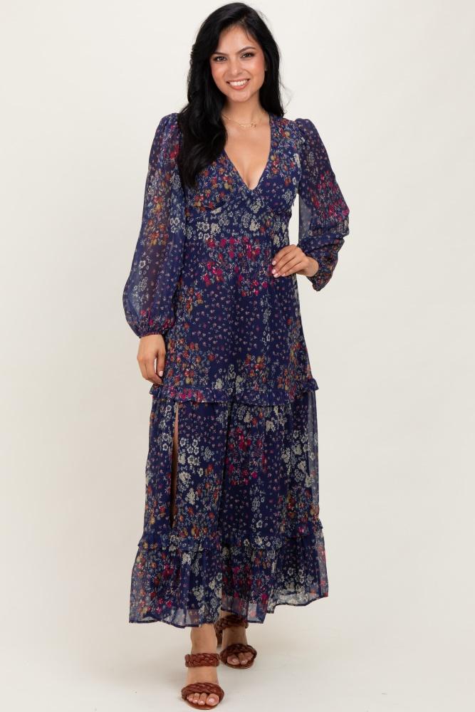 navy floral chiffon v-neck long sleeve maxi dress