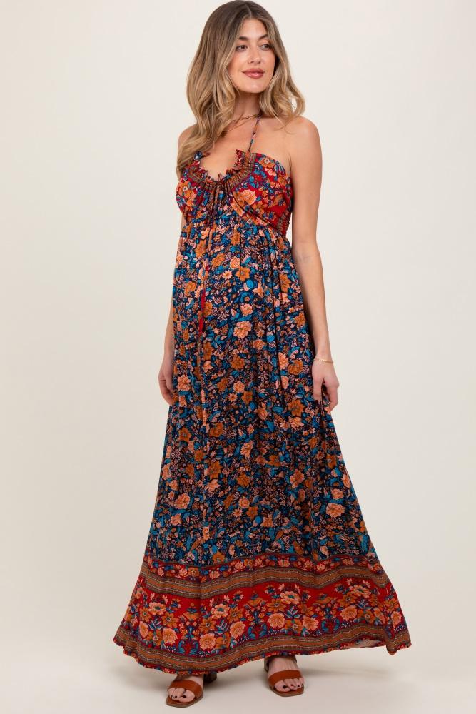 navy floral colorblock halter tie back maternity maxi dress