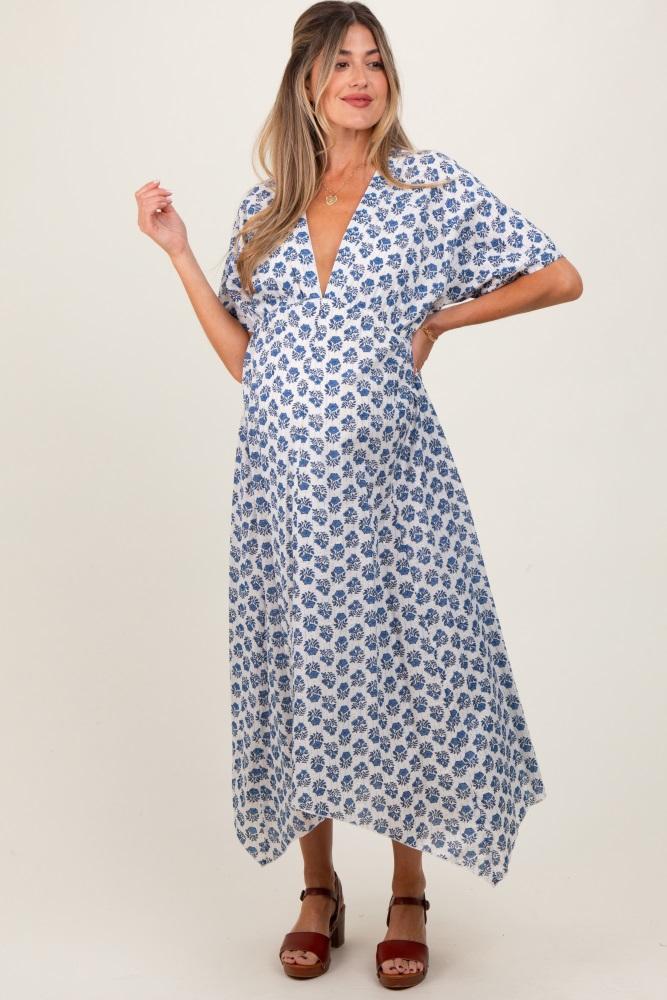navy floral deep v-neck handkerchief hem maternity maxi dress