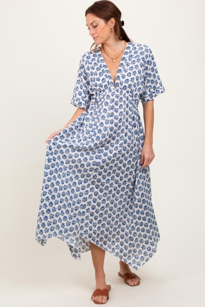 navy floral deep v-neck handkerchief hem maxi dress